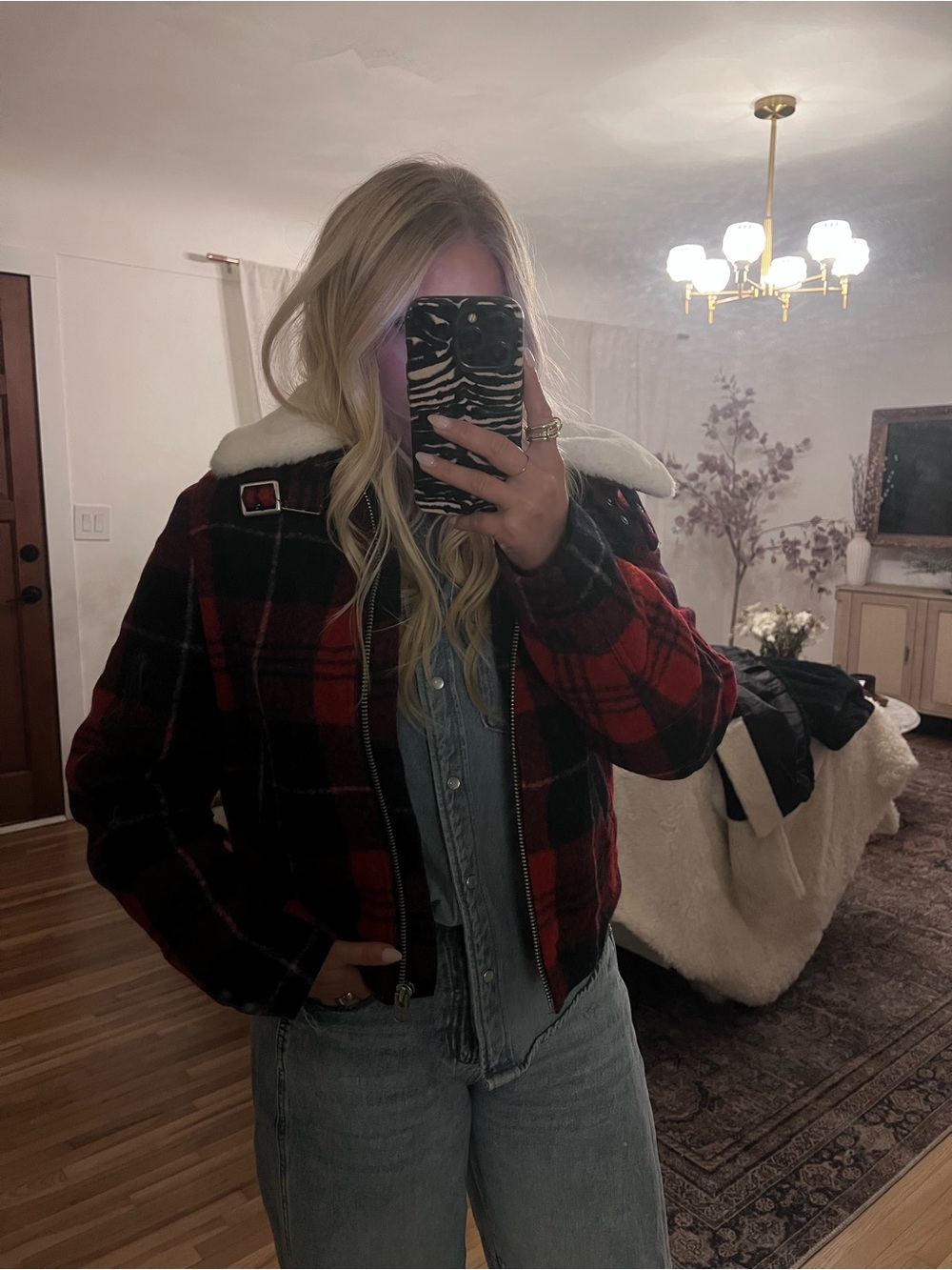 H&M Red & Black Plaid Bomber Jacket with White Sherpa Collar